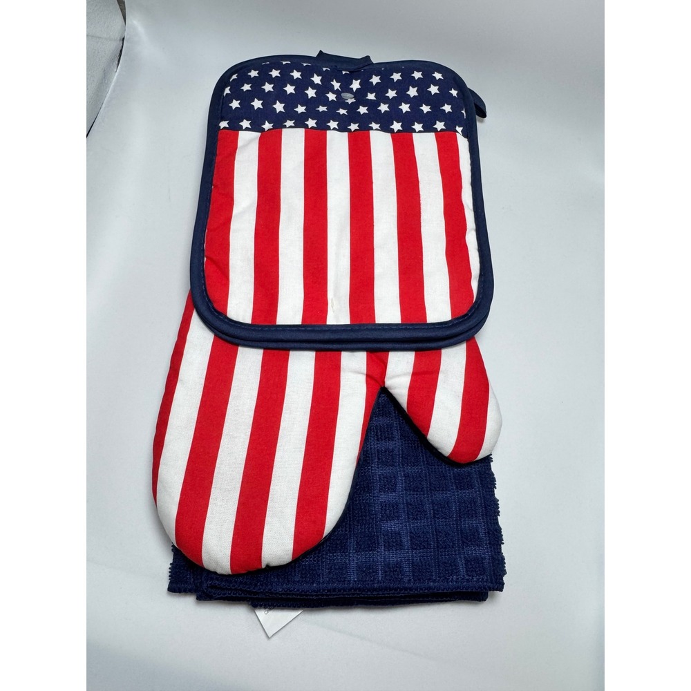 American Flag Kitchen Set Oven Mitt Pot Holder Navy Waffle Dish Towel 3 Piece